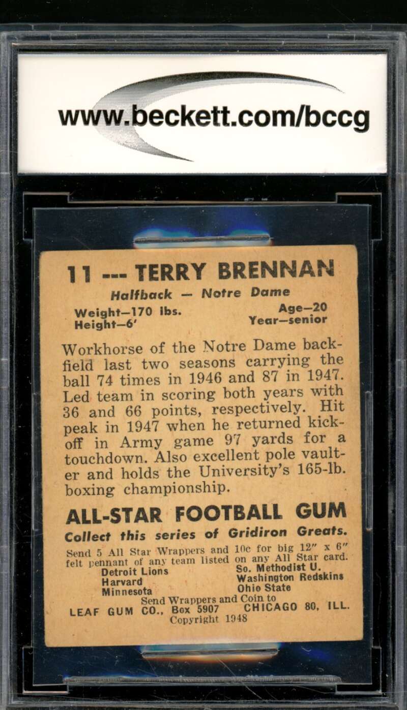 Terry Brennan Rookie Card 1948 Leaf #11A BGS BCCG 7 Image 2