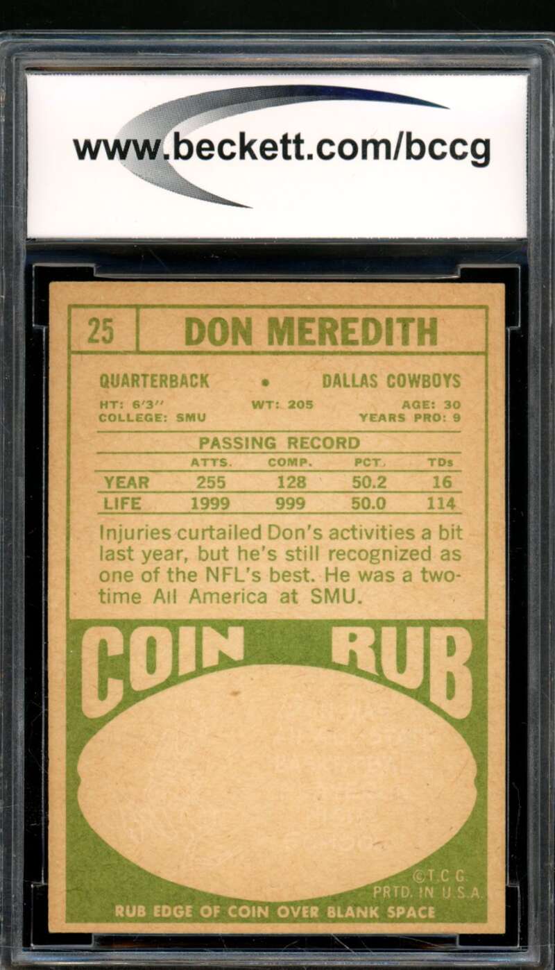 Don Meredith Card 1968 Topps #25 BGS BCCG 7 Image 2