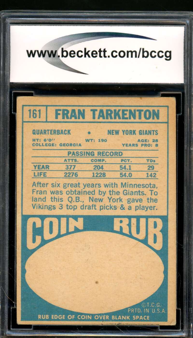 Fran Tarkenton Card 1968 Topps #161 BGS BCCG 6 Image 2