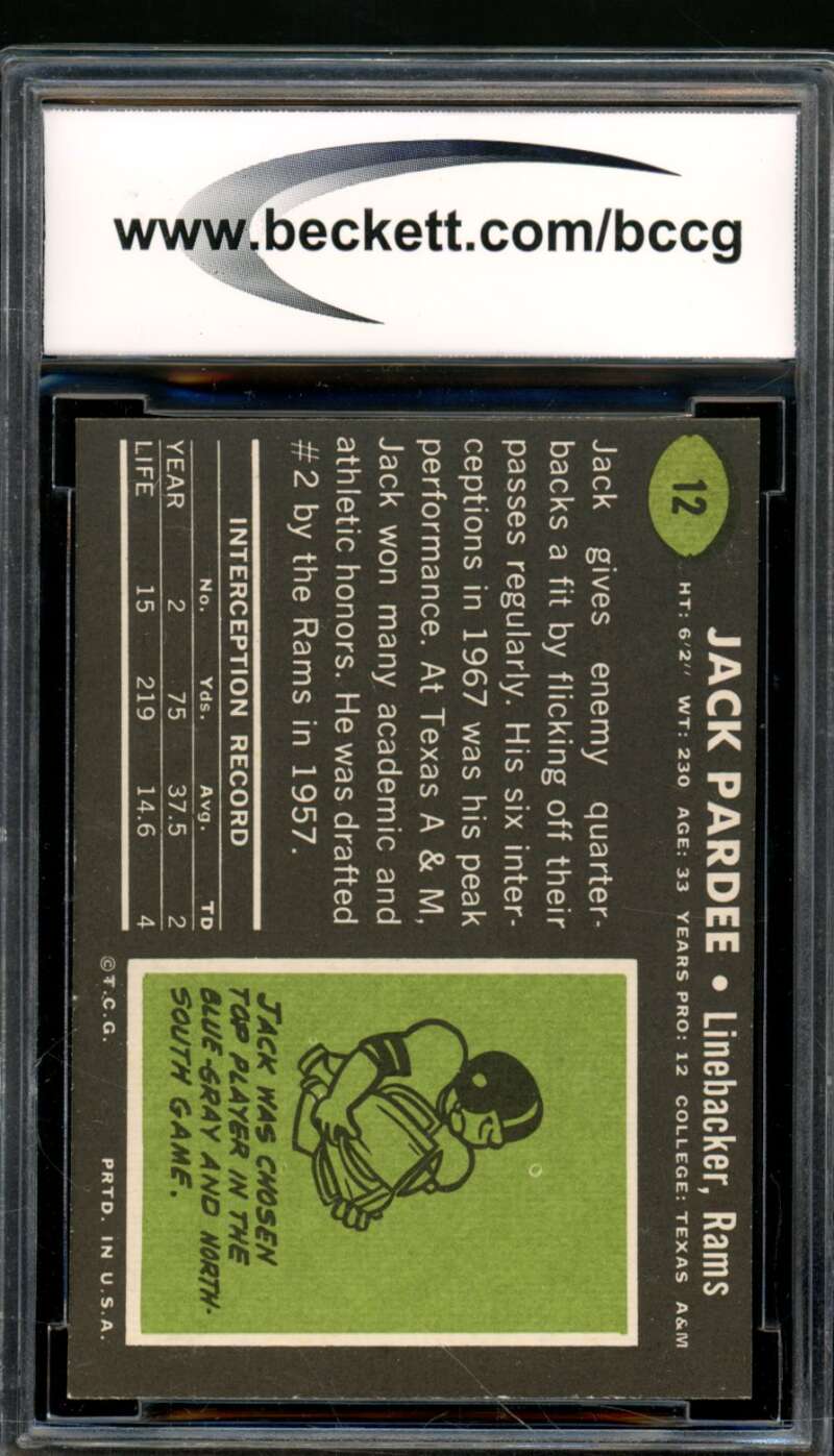 Jack Pardee Card 1969 Topps #12 BGS BCCG 9 Image 2