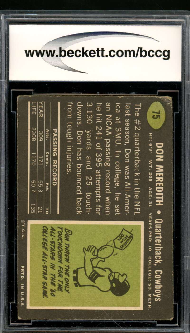 Don Meredith Card 1969 Topps #75 BGS BCCG 7 Image 2