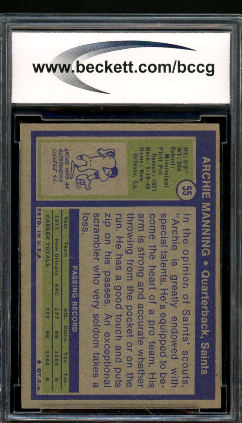 Archie Manning Rookie Card 1972 Topps #55 BGS BCCG 7 Image 2