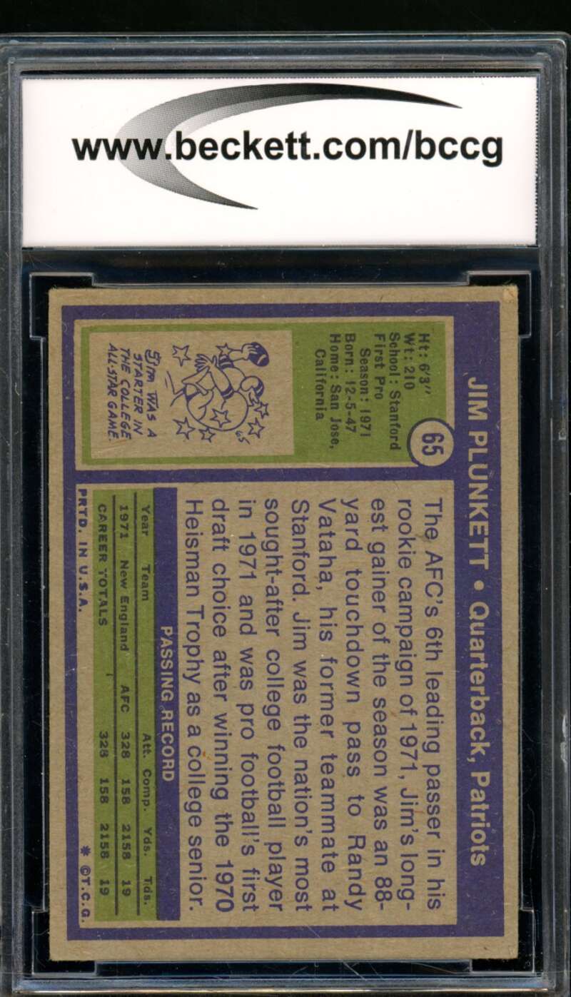 Jim Plunkett Rookie Card 1972 Topps #65 BGS BCCG 7 Image 2