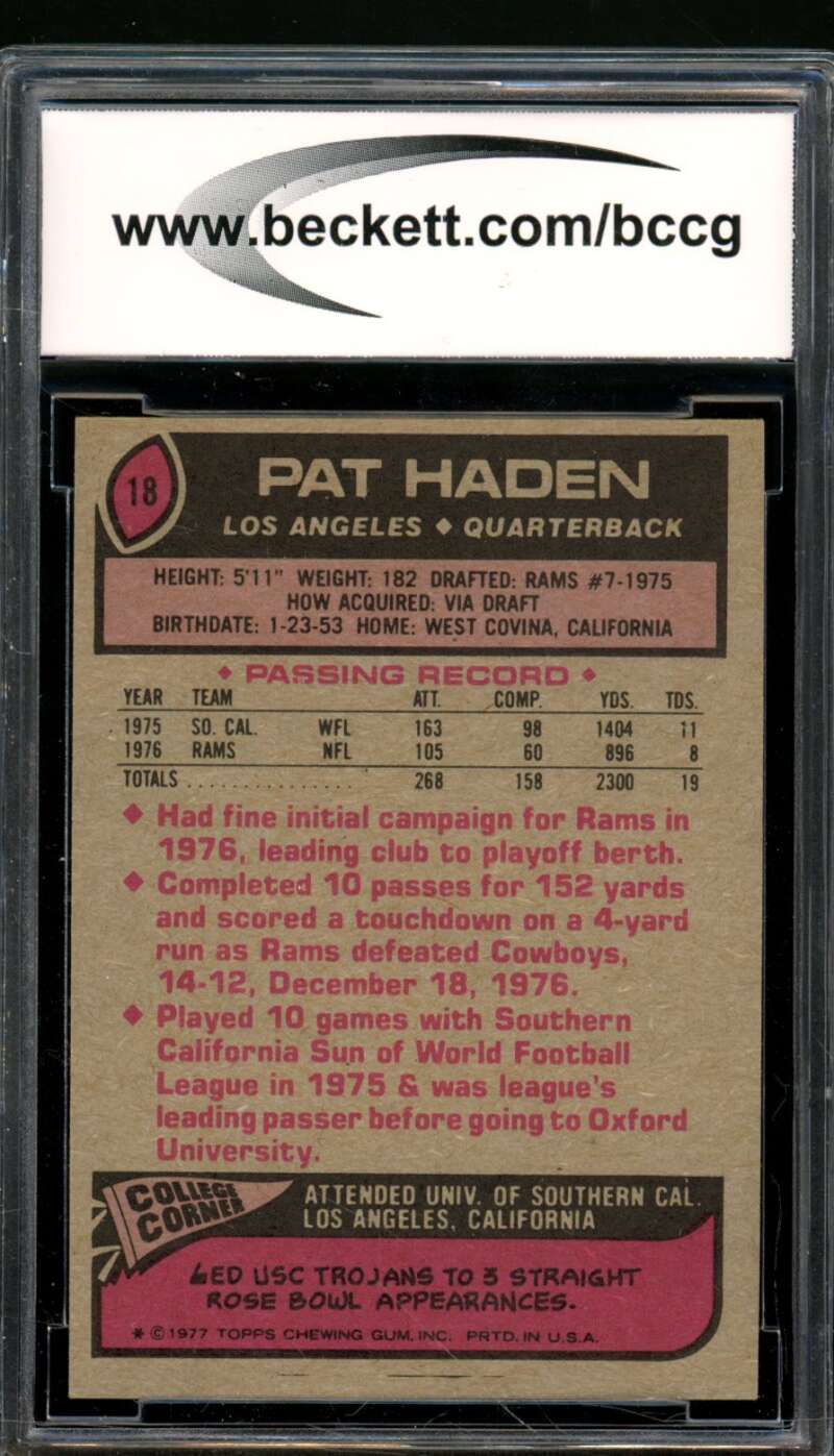 Pat Haden Rookie Card 1977 Topps #18 BGS BCCG 9 Image 2