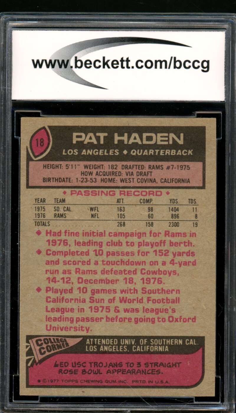 Pat Haden Rookie Card 1977 Topps #18 BGS BCCG 9 Image 2