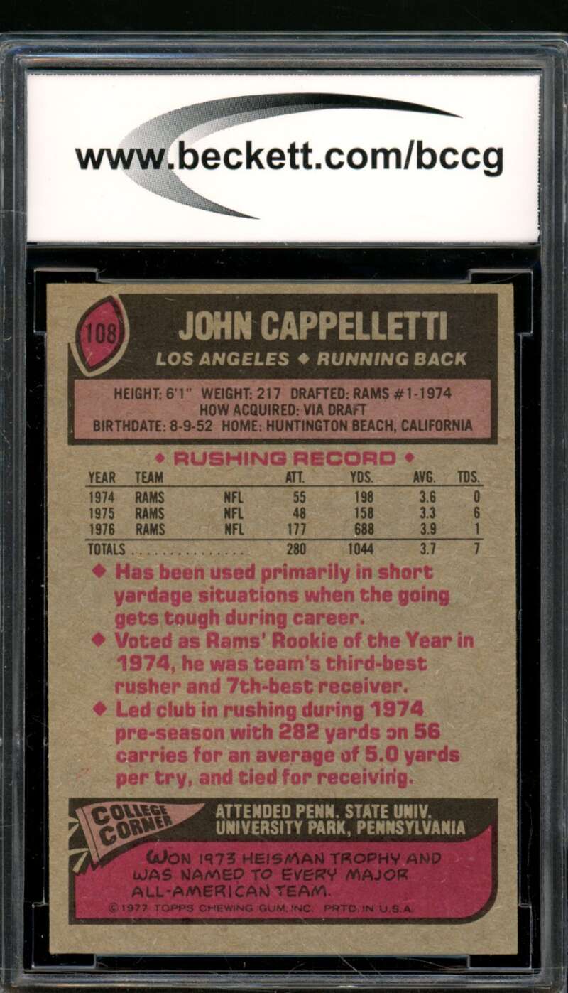 John Cappelletti Rookie Card 1977 Topps #108 BGS BCCG 8 Image 2