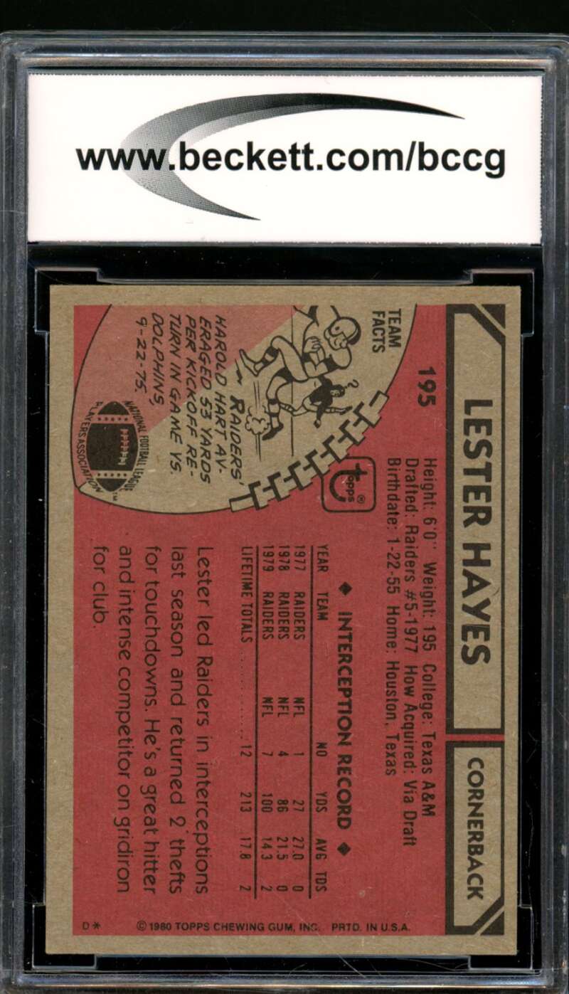 Lester Hayes Rookie Card 1980 Topps #195 BGS BCCG 8 Image 2