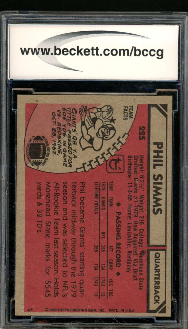 Phil Simms Rookie Card 1980 Topps #225 BGS BCCG 8 Image 2