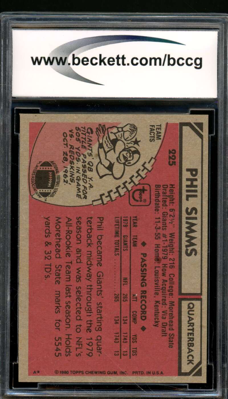 Phil Simms Rookie Card 1980 Topps #225 BGS BCCG 8 Image 2