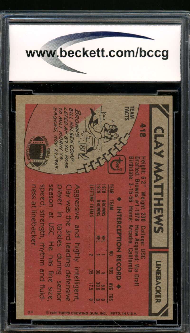 Clay Matthews Rookie Card 1980 Topps #418 BGS BCCG 8 Image 2