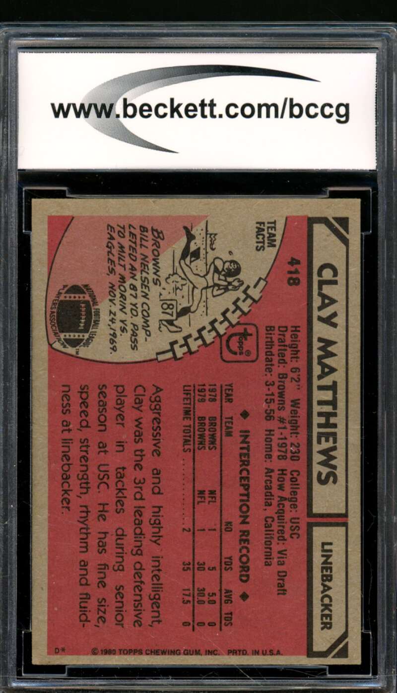 Clay Matthews Rookie Card 1980 Topps #418 BGS BCCG 8 Image 2