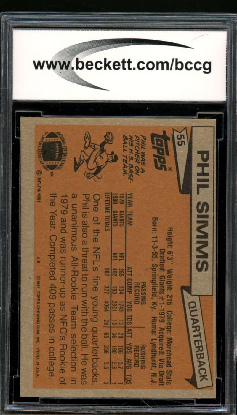 Phil Simms Card 1981 Topps #55 BGS BCCG 9 Image 2