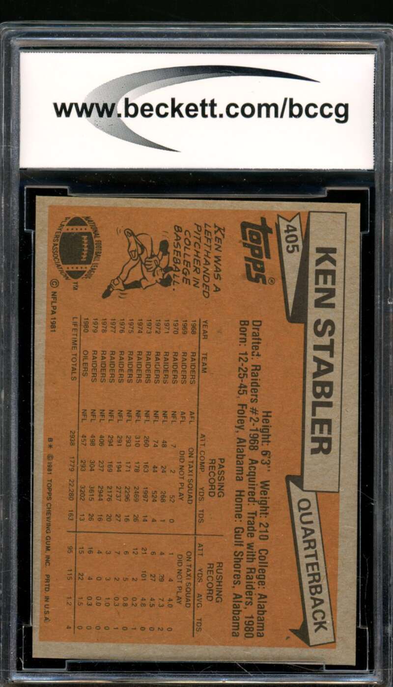 Ken Stabler Card 1981 Topps #405 BGS BCCG 8 Image 2