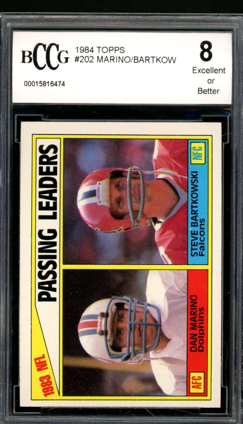 Dan Marino Rookie Card w/Joe Montana 1984 Topps Passing Leaders #202 BGS BCCG 8 Image 1