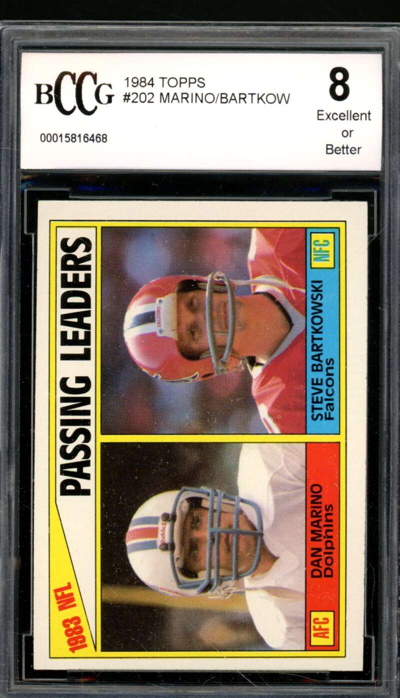 Dan Marino Rookie Card w/Joe Montana 1984 Topps Passing Leaders #202 BGS BCCG 8 Image 1