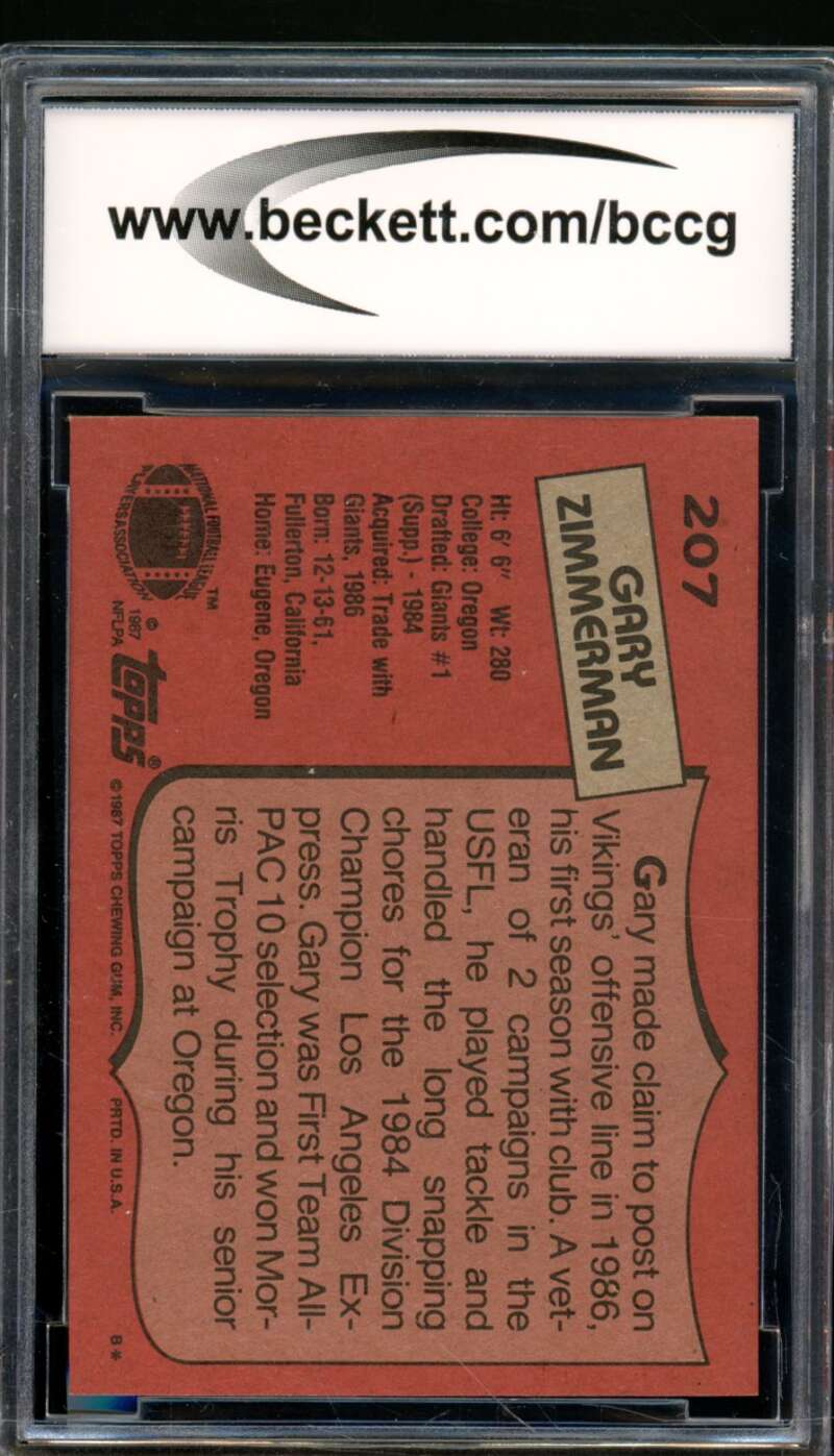 Gary Zimmerman Rookie Card 1987 Topps #207 BGS BCCG 9 Image 2