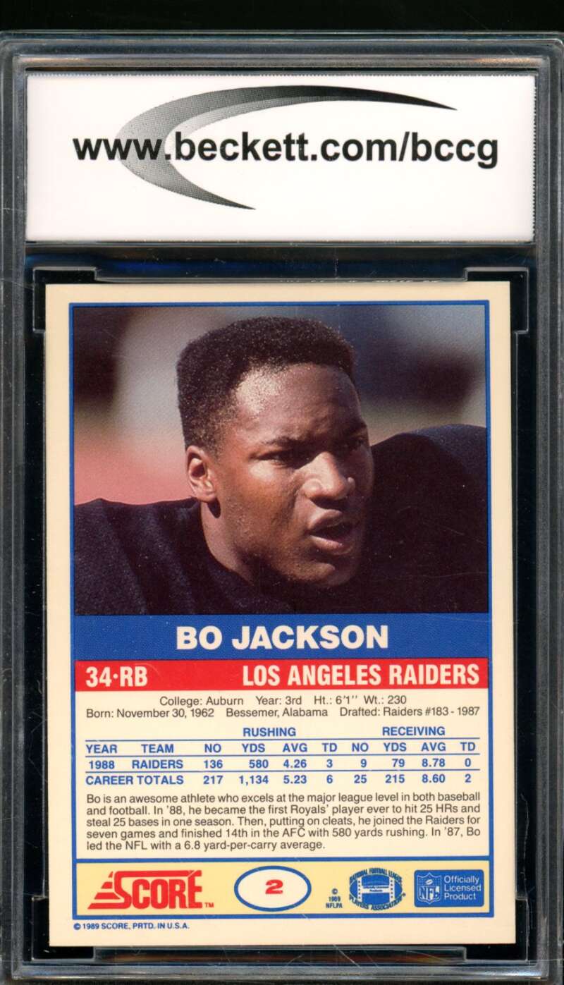 Bo Jackson Card 1989 Score #2 BGS BCCG 10 Image 2