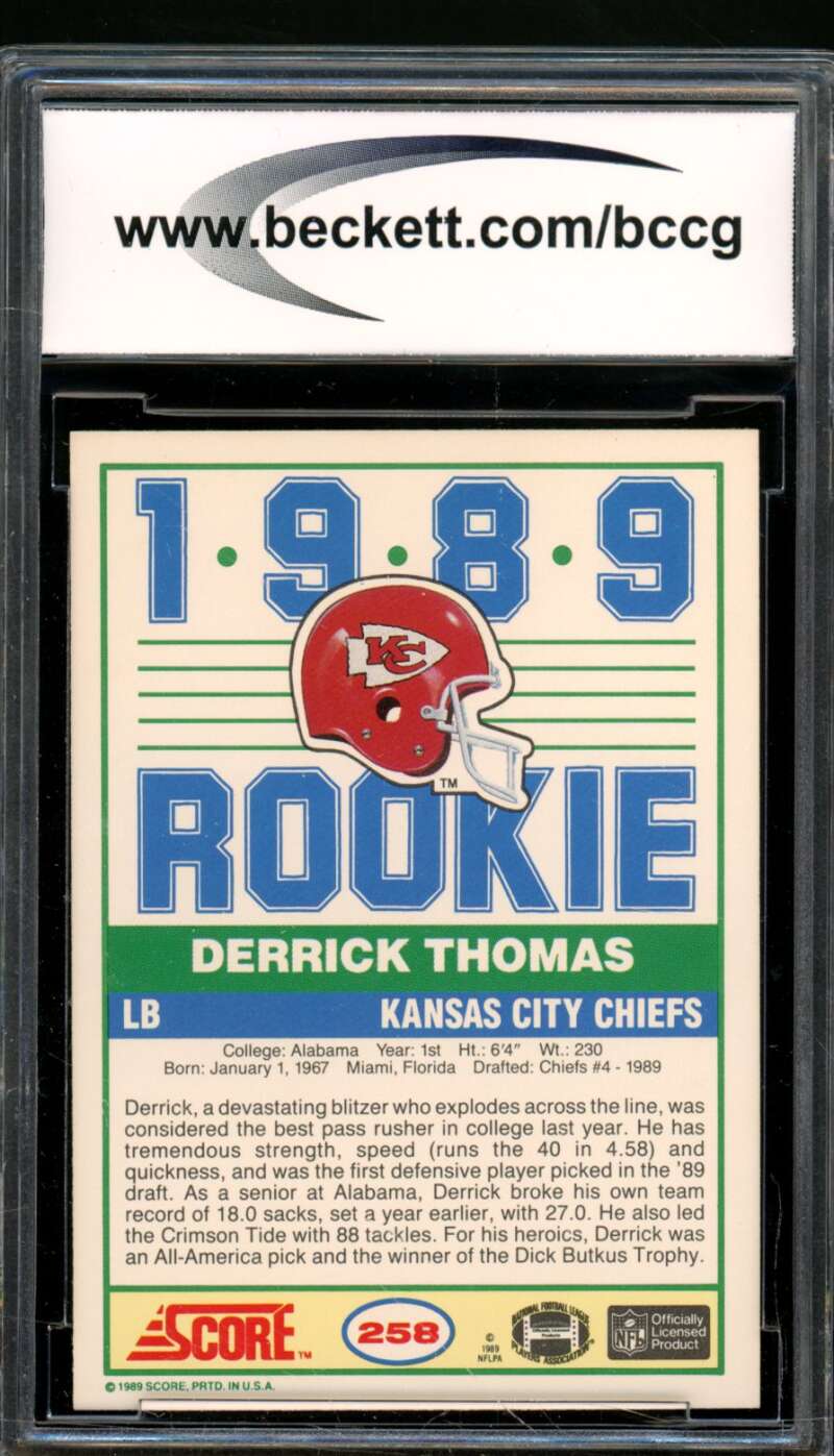 Derrick Thomas Rookie Card 1989 Score #258 BGS BCCG 10 Image 2