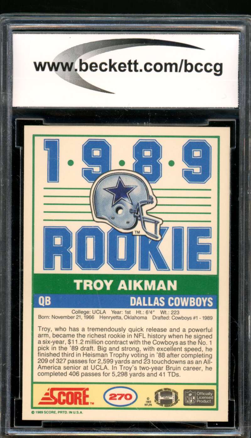 Troy Aikman Rookie Card 1989 Score #270 BGS BCCG 8 Image 2