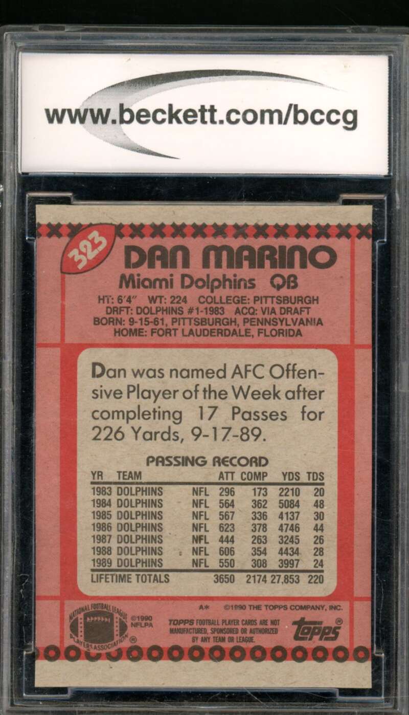 Dan Marino Card 1990 Topps Blank Front #323 BGS BCCG 10 Image 2