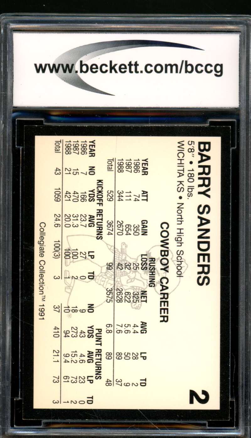 Barry Sanders Card 1991 Oklahoma State Collegiate Collection #2 BGS BCCG 10 Image 2