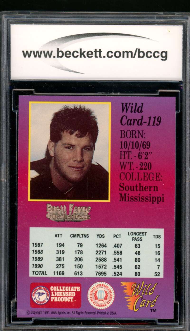 Brett Favre Rookie Card 1991 Wild Card Draft #119 BGS BCCG 10 Image 2