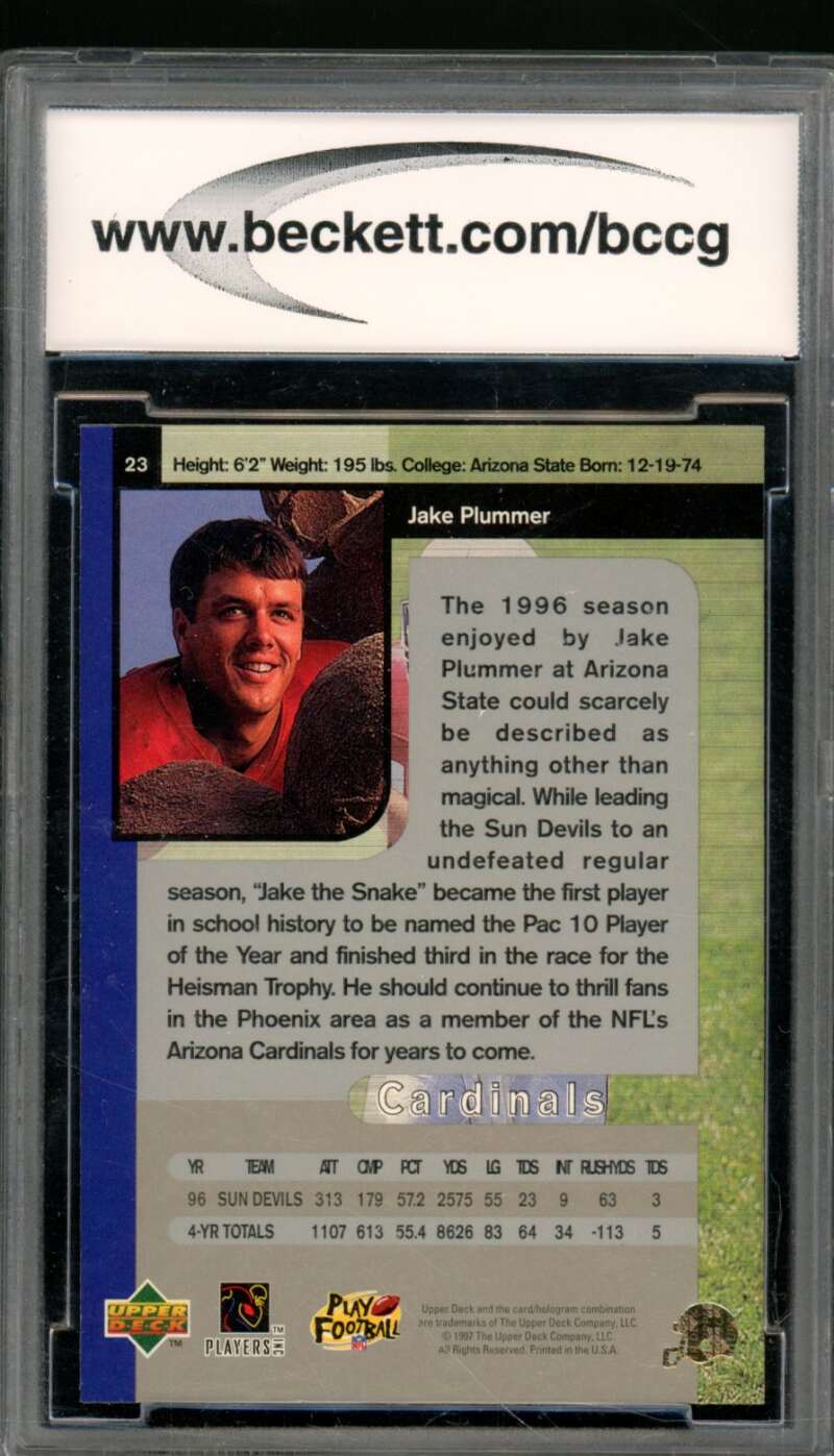 Jake Plummer Rookie Card 1997 SP Authentic #23 BGS BCCG 10 Image 2