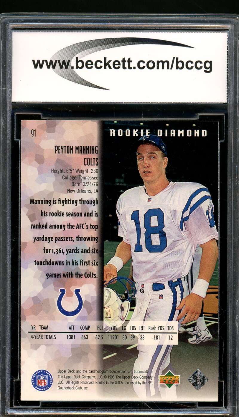 Peyton Manning Rookie Card 1998 Black Diamond #91 BGS BCCG 9 Image 2