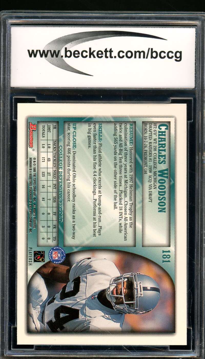 Charles Woodson Rookie Card 1998 Bowman #181 BGS BCCG 10 Image 2