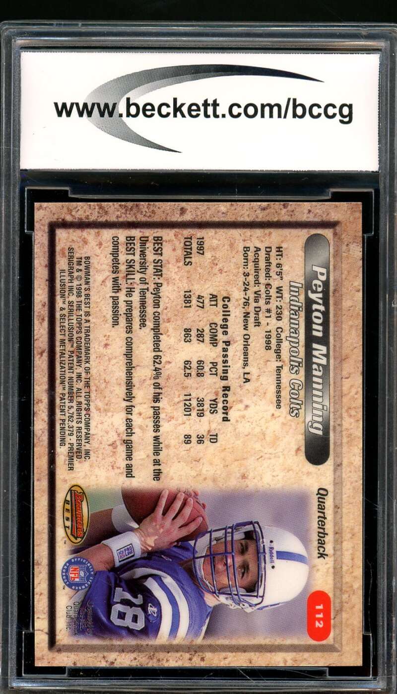 Peyton Manning Rookie Card 1998 Bowman's Best #112 BGS BCCG 9 Image 2