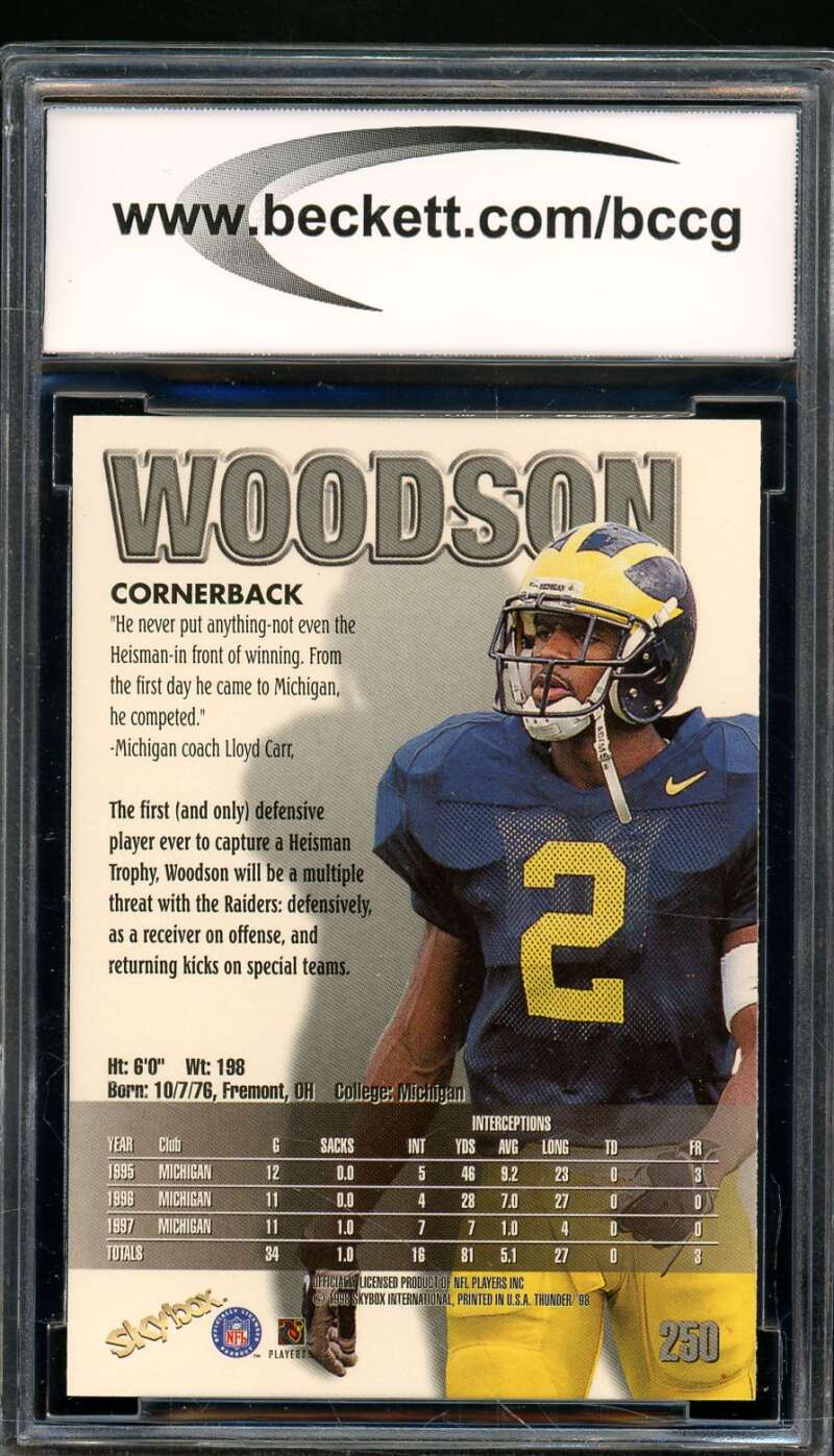 Charles Woodson Rookie Card 1998 Skybox Thunder #250 BGS BCCG 10 Image 2