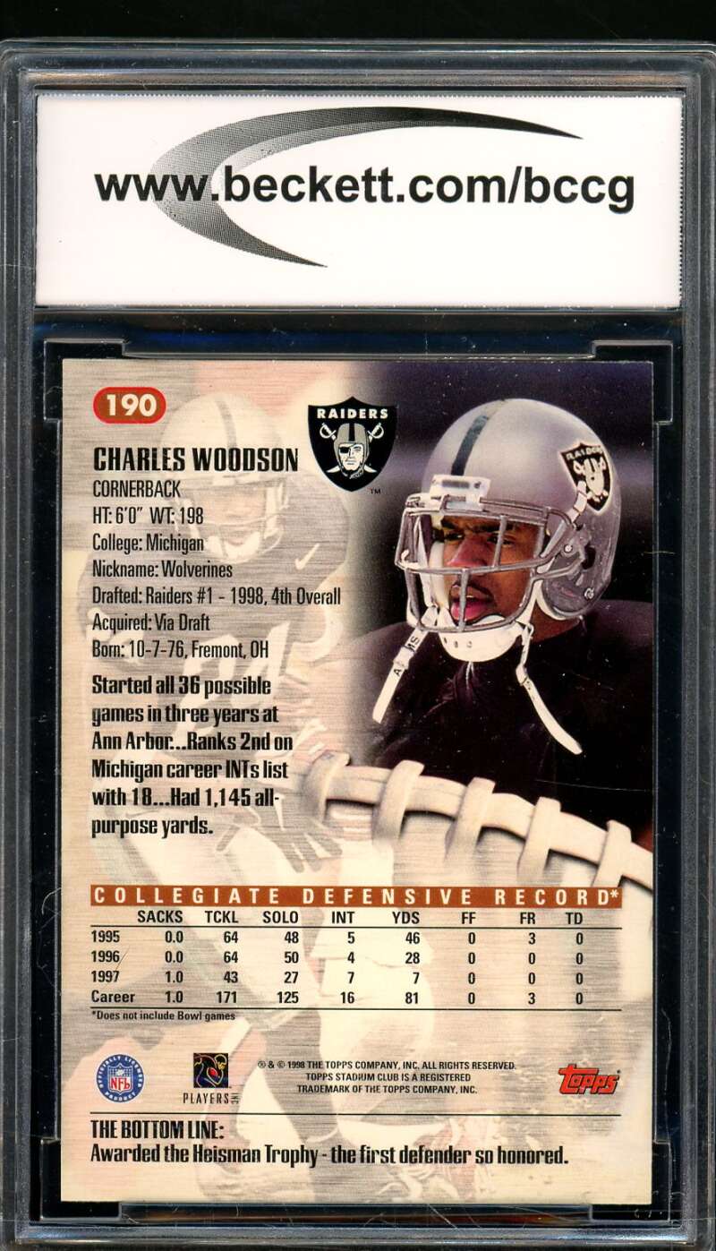 Charles Woodson Rookie Card 1998 Stadium Club #190 BGS BCCG 10 Image 2