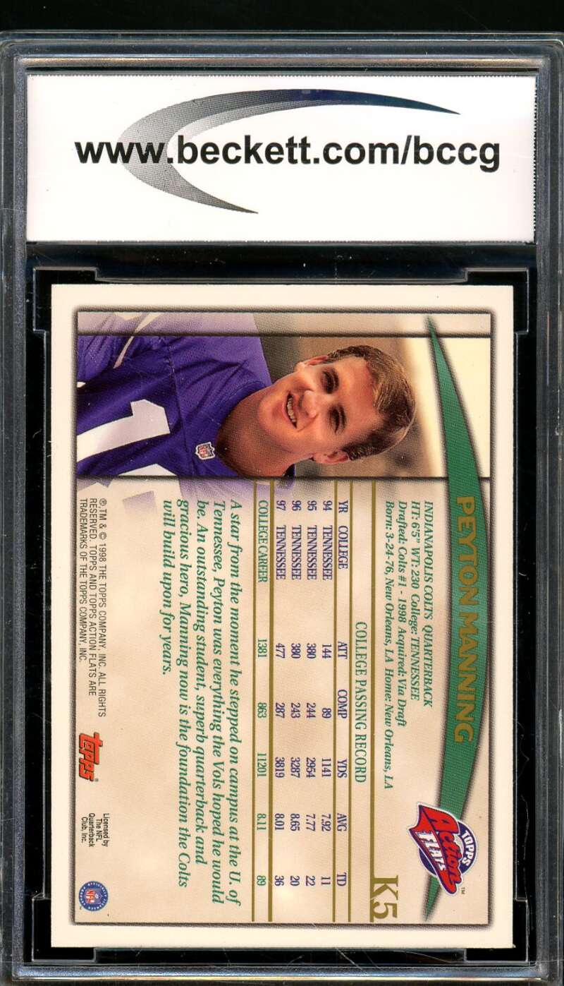 Peyton Manning Rookie 1998 Topps Action Flats Kickoff Edition #K5 BGS BCCG 8 Image 2