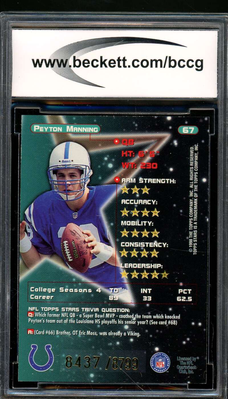 Peyton Manning Rookie Card 1998 Topps Stars #67 BGS BCCG 9 Image 2