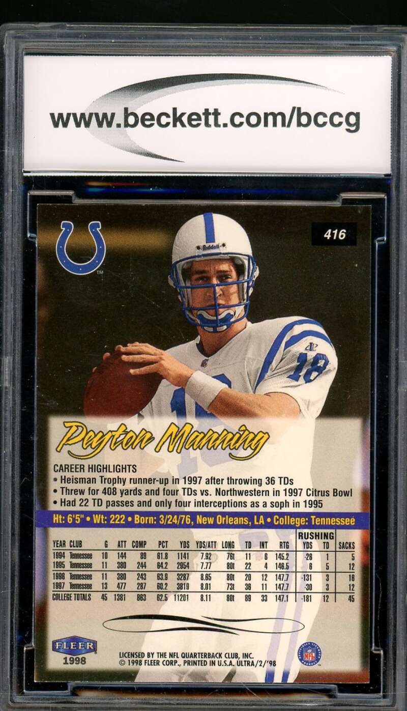 Peyton Manning Rookie Card 1998 Ultra #416 BGS BCCG 10 Image 2