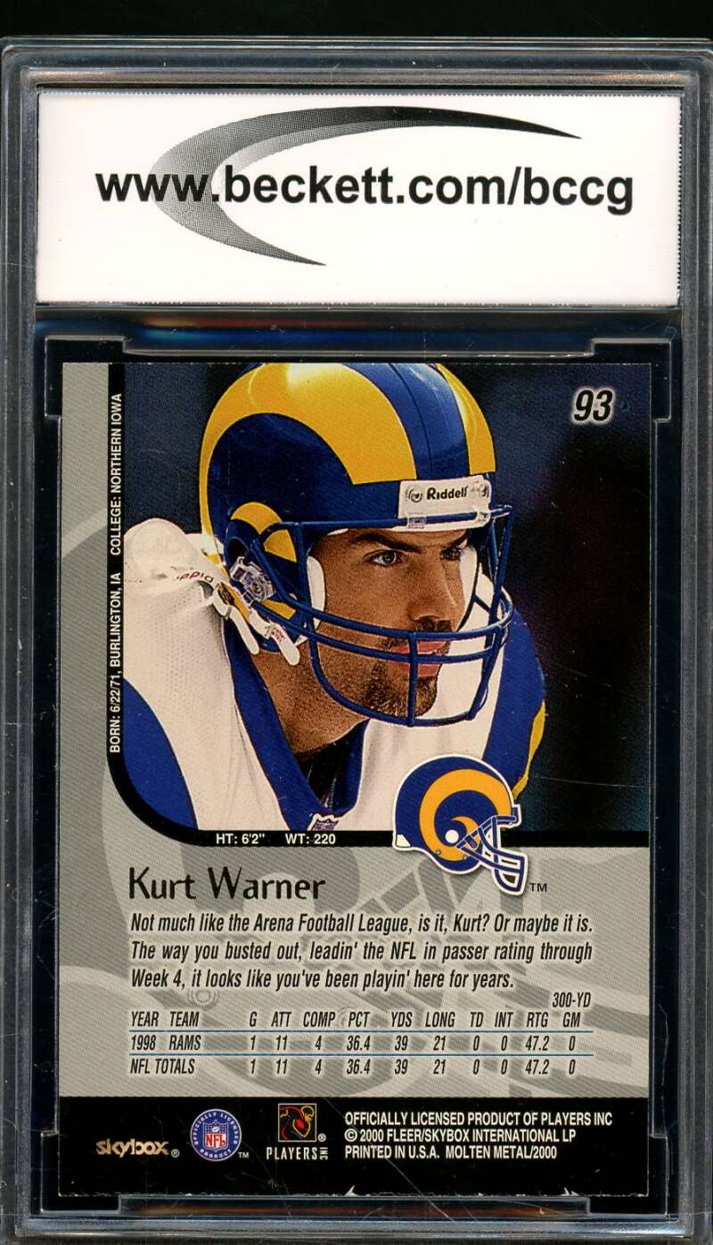 Kurt Warner Rookie Card 1999 SkyBox Molten Metal #93 BGS BCCG 10 Image 2