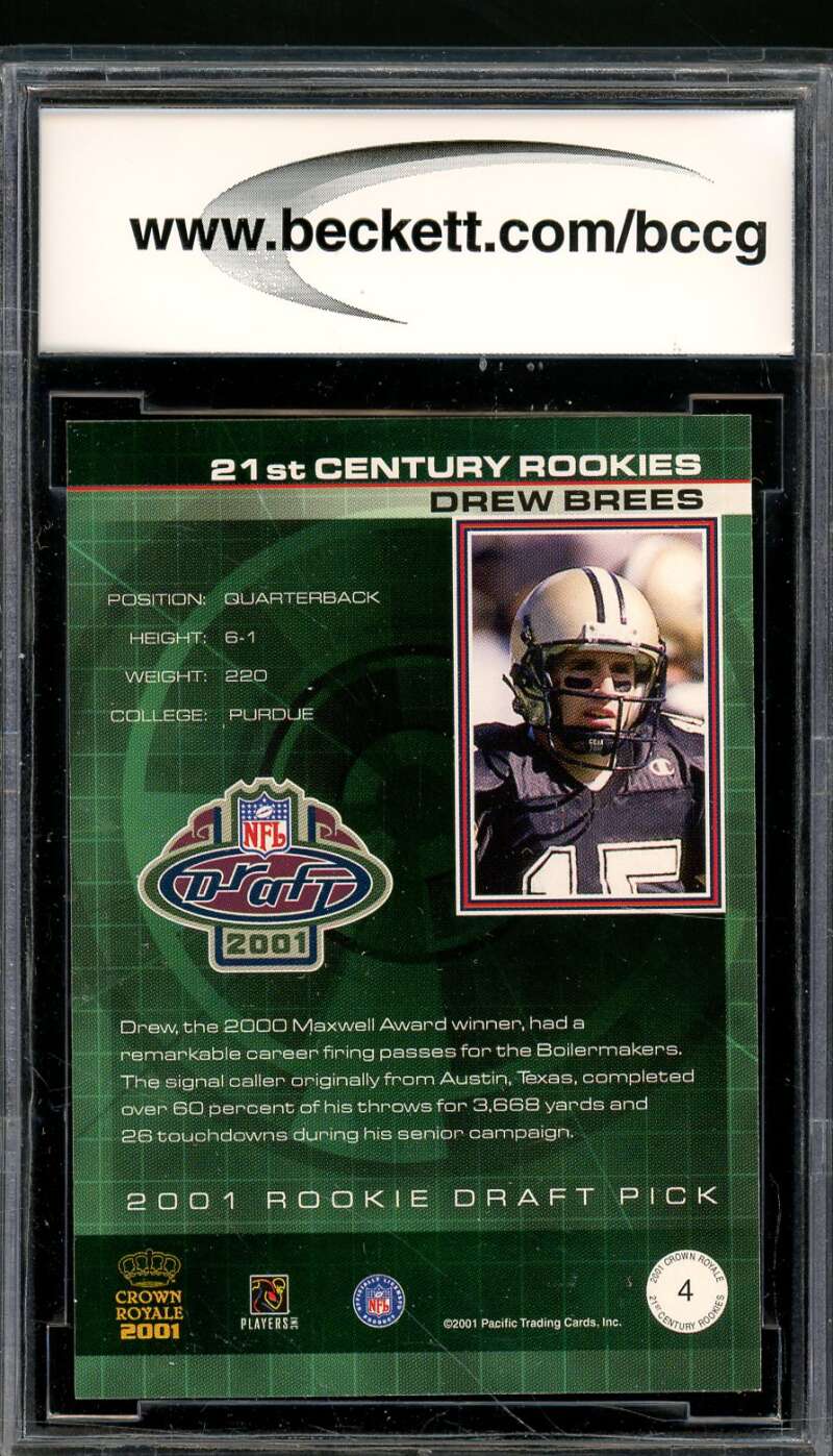 Drew Brees Rookie Card 2001 Crown Royale #4 BGS BCCG 10 Image 2