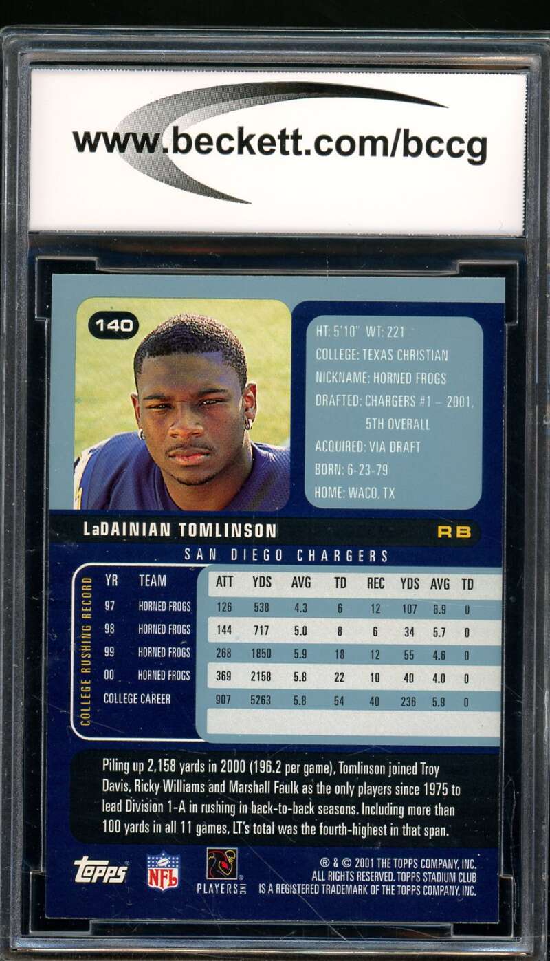 Ladainian Tomlinson Rookie Card 2001 Stadium Club #140 BGS BCCG 10 Image 2