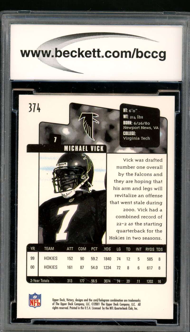 Michael Vick Rookie Card 2001 Upper Deck Victory #374 BGS BCCG 10 Image 2