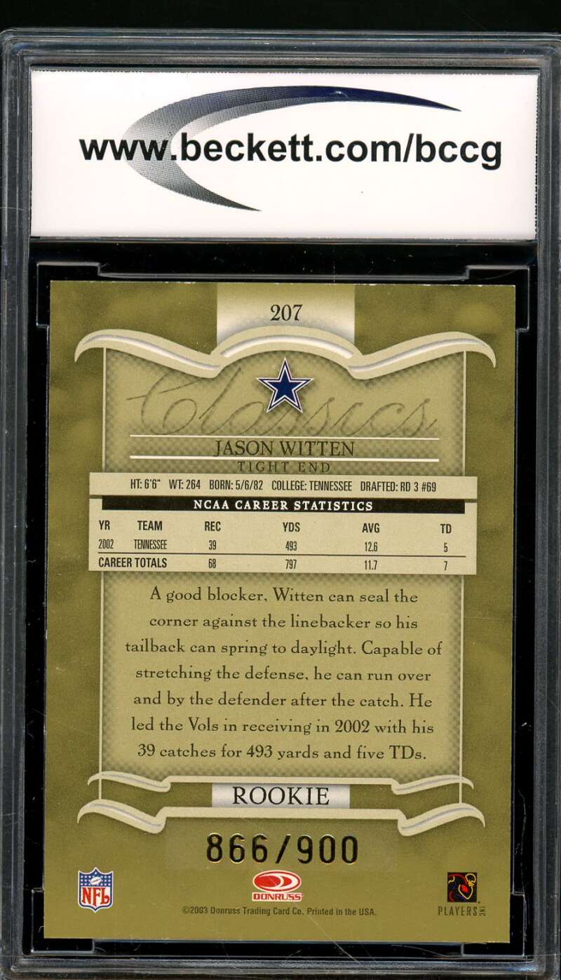 Jason Witten Rookie Card 2003 Donruss Classics #207 BGS BCCG 10 Image 2