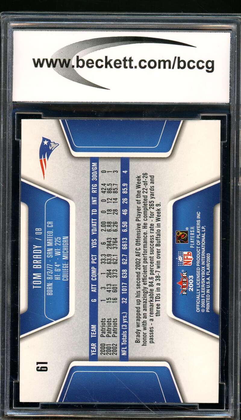 Tom Brady Card 2003 Flair #61 BGS BCCG 10 Image 2