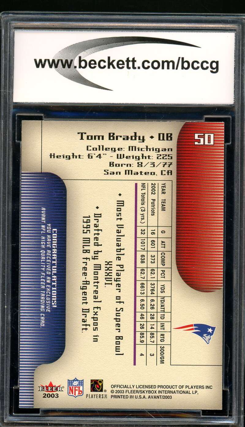 Tom Brady Card 2003 Fleer Avant #50 BGS BCCG 10 Image 2