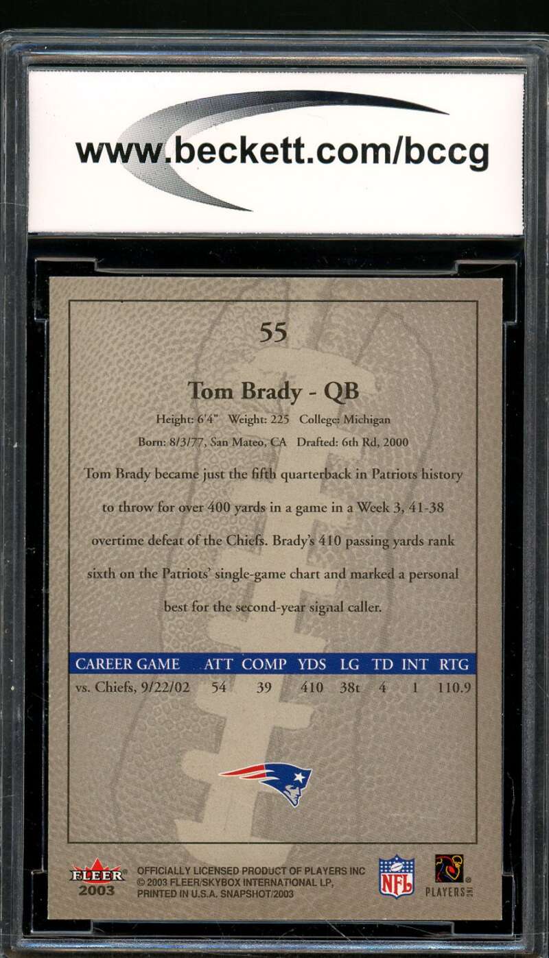 Tom Brady Card 2003 Fleer Snapshot #55 BGS BCCG 10 Image 2