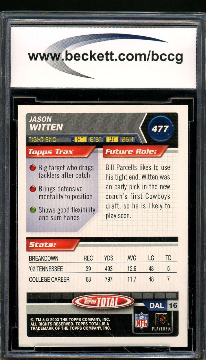 Jason Witten Rookie Card 2003 Topps Total #477 BGS BCCG 10 Image 2