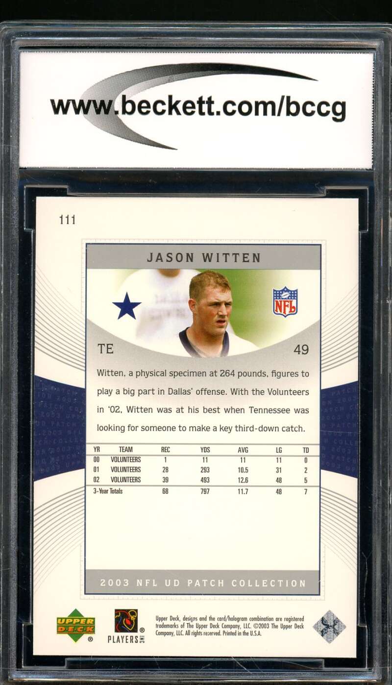 Jason Witten Rookie Card 2003 Upper Deck Patch Collection #111 BGS BCCG 9 Image 2