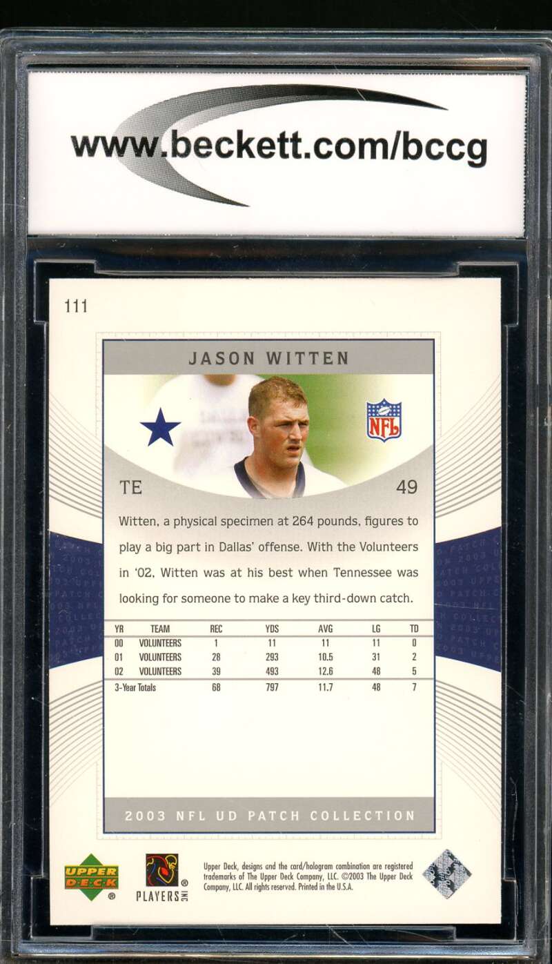 Jason Witten Card 2003 Upper Deck Patch Collection #111 BGS BCCG 10 Image 2