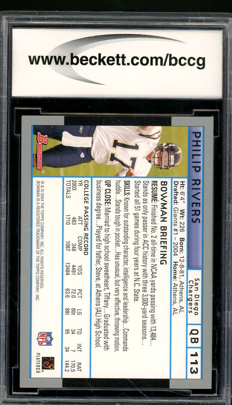 Philip Rivers Rookie Card 2004 Bowman #113 BGS BCCG 10 Image 2