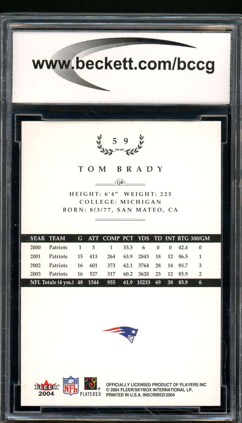 Tom Brady Card 2004 Fleer Inscribed #59 BGS BCCG 10 Image 2