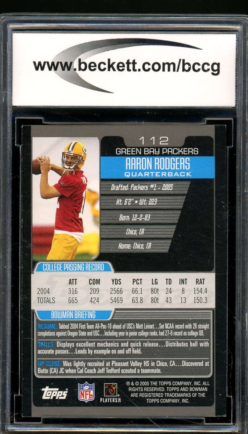 Aaron Rodgers Rookie Card 2005 Bowman #112 BGS BCCG 8 Image 2