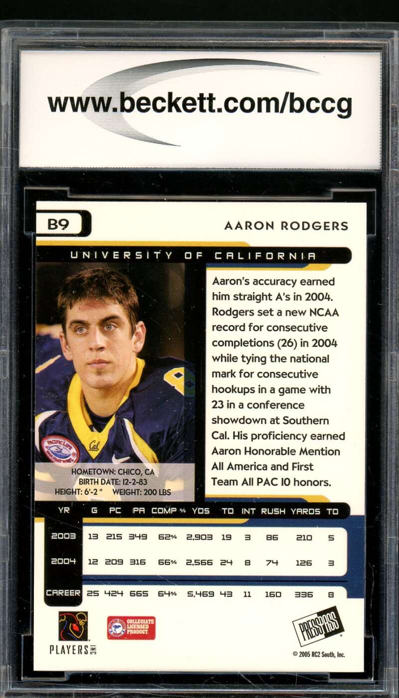 Aaron Rodgers Rookie Card 2005 Press Pass Blue #B9 BGS BCCG 10 Image 2